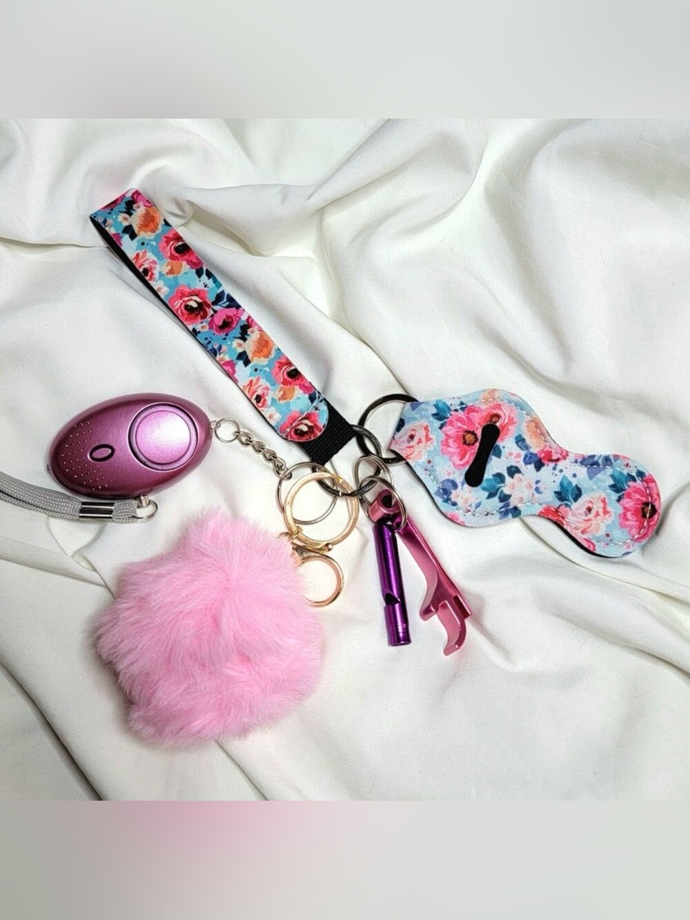 6 Piece Flowers Safety Keychain Set, Alarm w/ Flashlight, Whistle, Can Opener